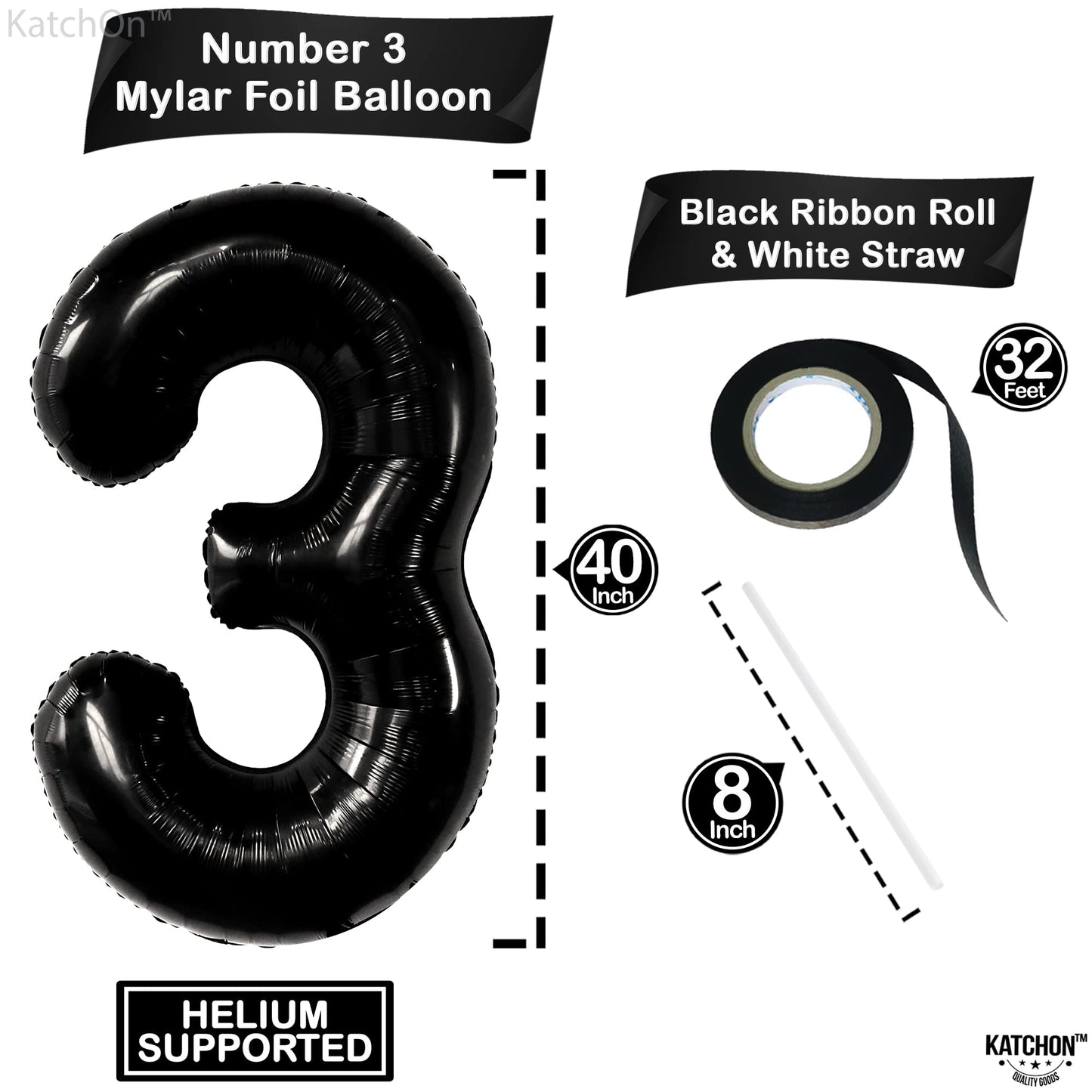 Katchon, Black Number 3 Balloon - Giant, 40 Inch | Black 3 Balloon Number, 3Rd Birthday Decorations For Boys | 3Rd Birthday Balloons, 3 Year Old Birthday Decorations | Third Birthday Decorations Boy