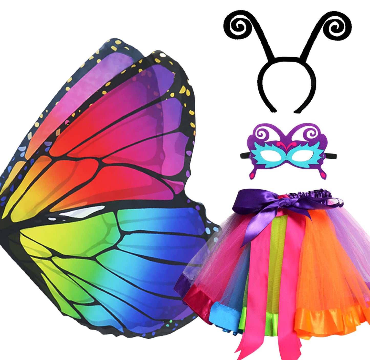 D.Q.Z Fairy Butterfly-Wings Costumes For Girls Dress Up Clothes Rainbow Tutu Mask Headband Role Play Toys For Girl 3-8 Gift (Rainbow)