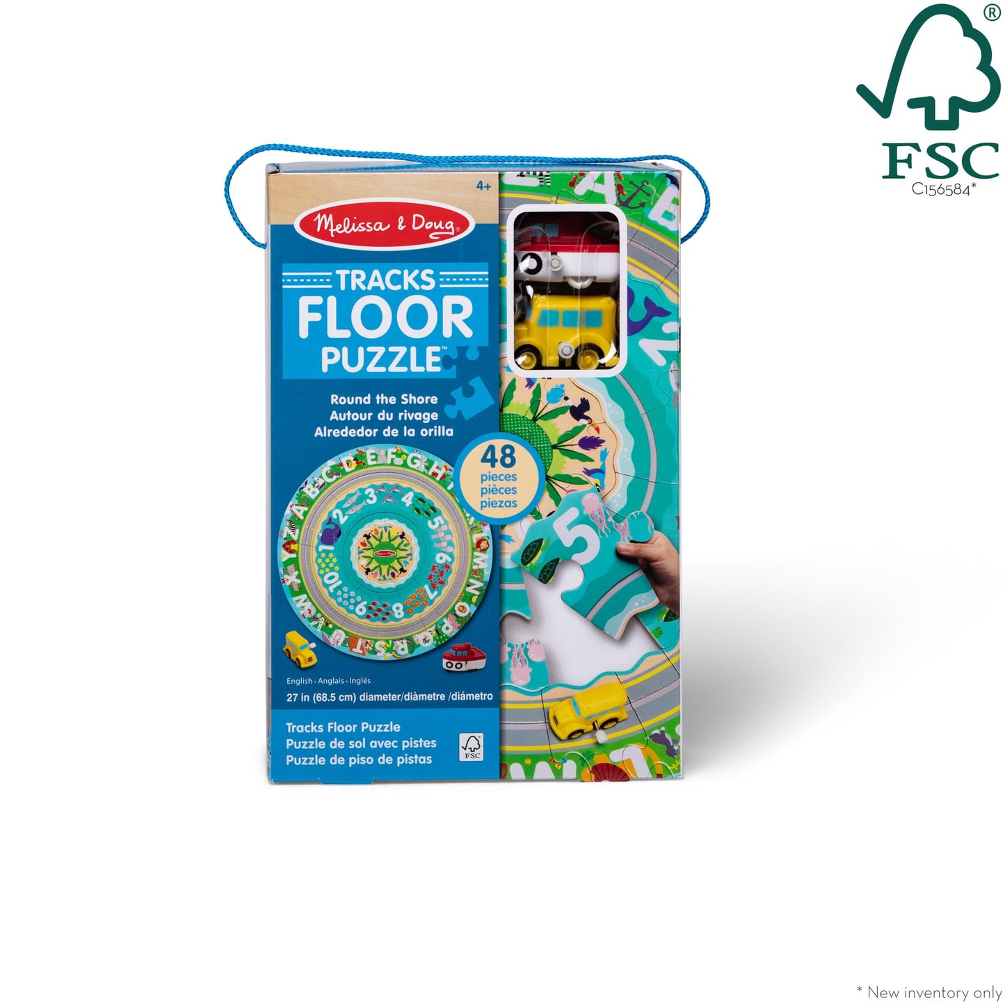 Melissa & Doug Round The Shore Tracks Cardboard Jigsaw Floor Puzzle And Wind-Up Vehicles – 48 Pieces, For Boys And Girls 4+ - Fsc Certified