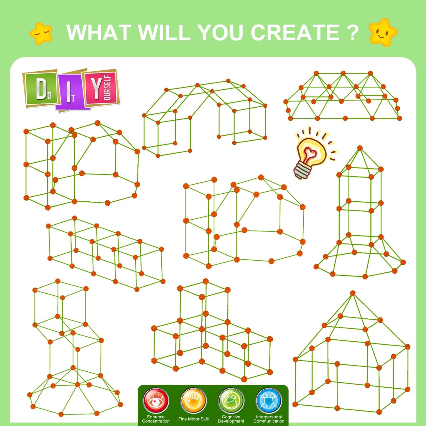 Fort Building Kit For Kids,Stem Construction Toys, Educational Gift For 3 4 5 6 7 8 9 10 11 12 Years Old Boys And Girls,Ultimate Creative Set For Indoor & Outdoors Activity,140 Pcs,Orange