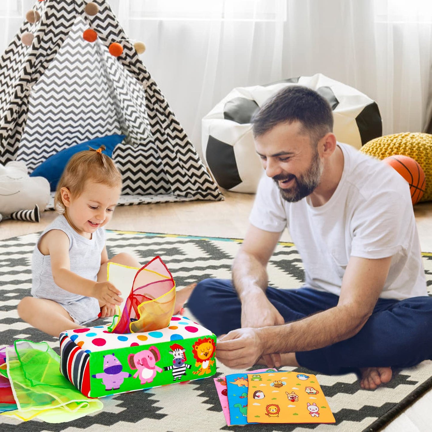 Thremhoo Montessori Tissue Box Baby Toys for Infants 0-12 Months, Multicolor Sensory Crinkle Developmental Gift for Toddlers 1-2 Years
