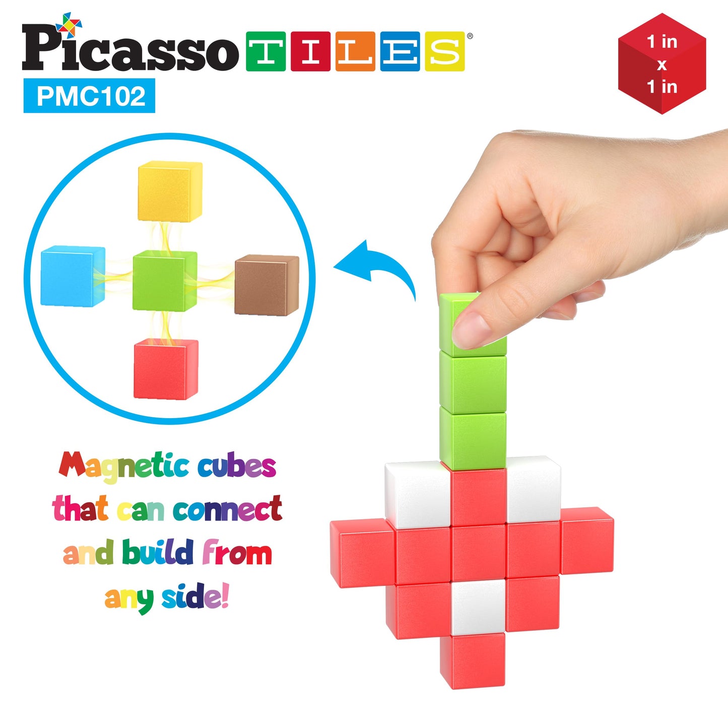 Picassotiles 102 Pieces 1'' Magnetic Toy Building Block Cubes Building Block, 3D Cube Construction Cubes Magnet Sensory Toys Gif