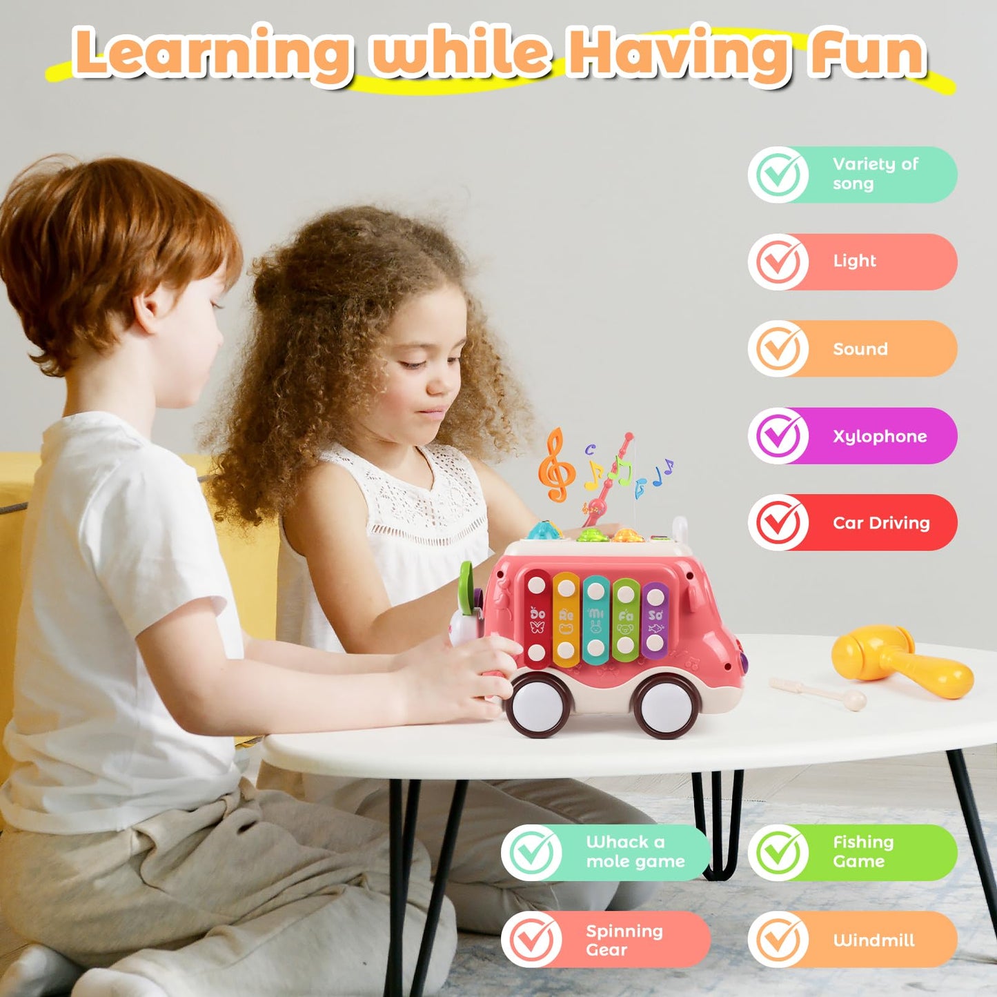 Krseub Baby Bus Montessori Musical Toy For 1~3 Years Toddlers With Sound & Light, With Xylophone/Hammering/Fishing Game & Windmi