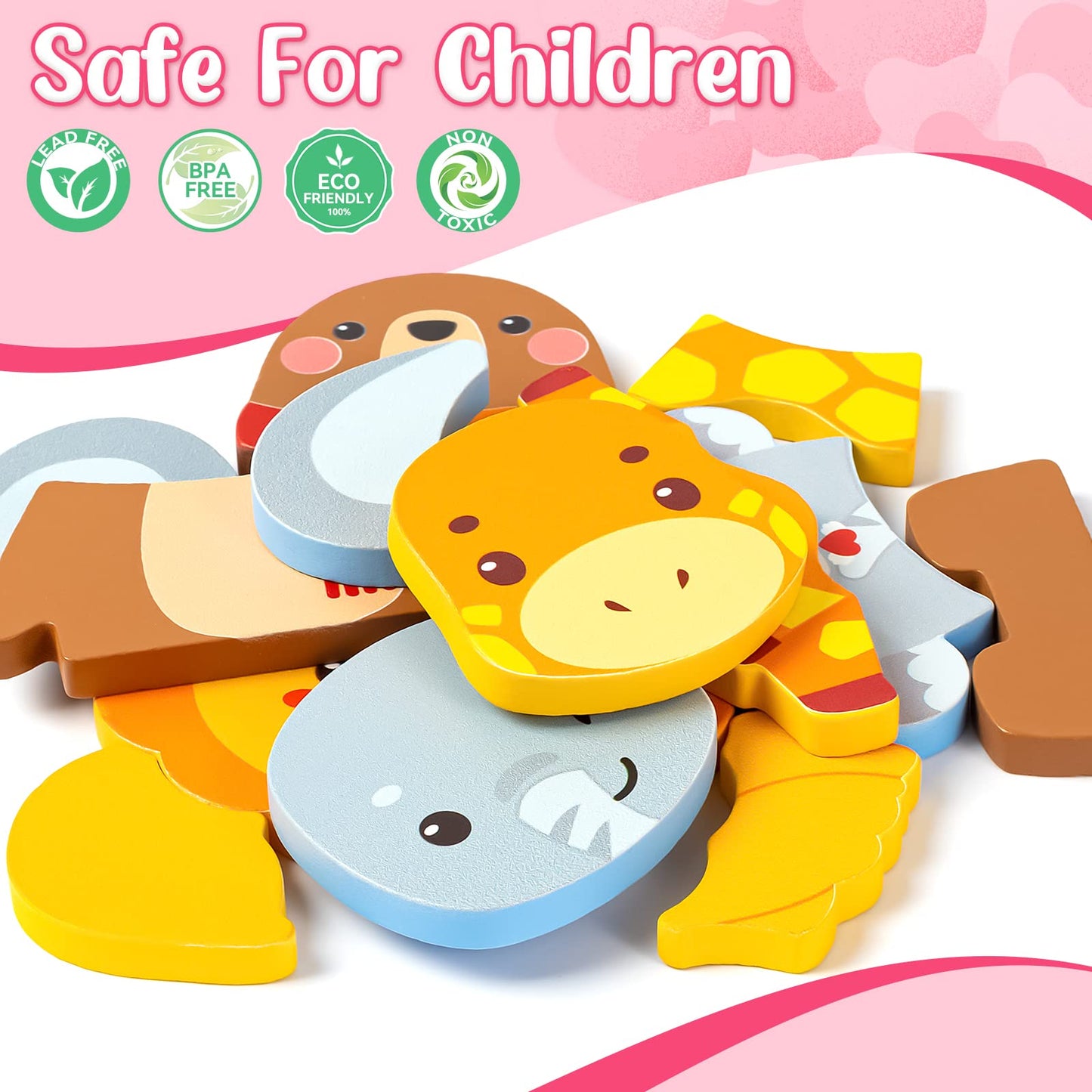 Valentines Toys Gifts For Kids Toddlers - 4 Pack Wooden Puzzles With Animals Design, Valentine Party Favors For Boys Girls, Kids