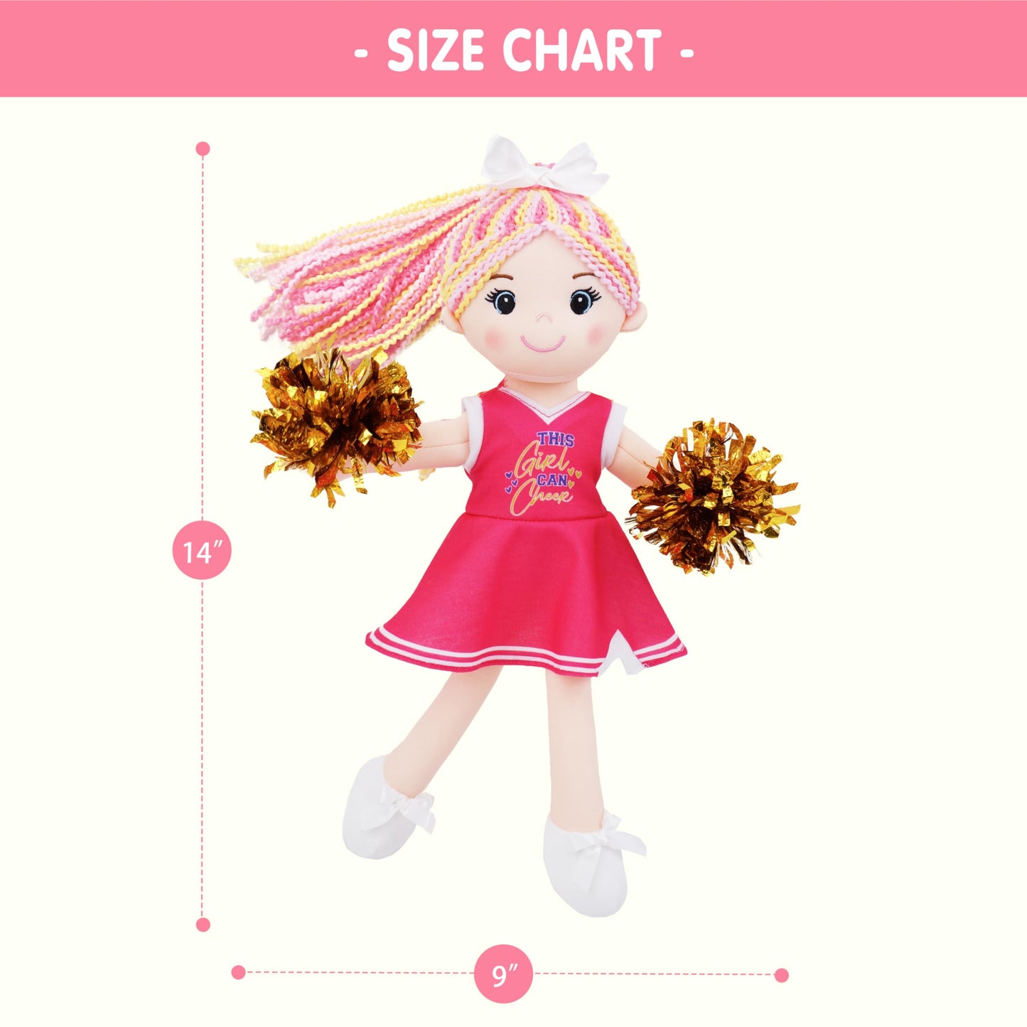 June Garden 14'' Snuggle Cuties Cheerleader Sophie - Soft Cuddly Plush Doll Gift for Girls - Huggable Rag Doll - Pink M
