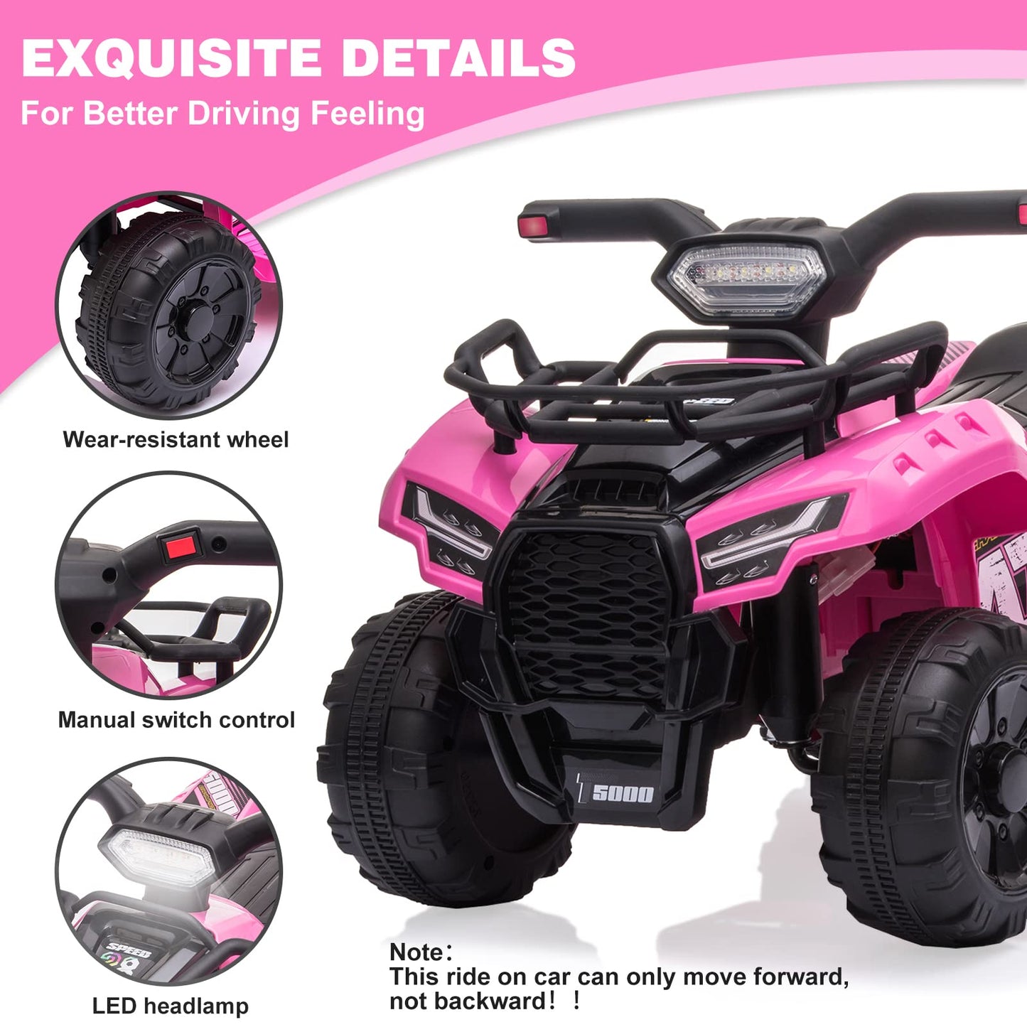 Bobike Pink Kids Ride-On ATV, 6V Battery Powered Electric Quad with Headlights, MP3, USB, Large Seat - Best Gift for 18-36 Months