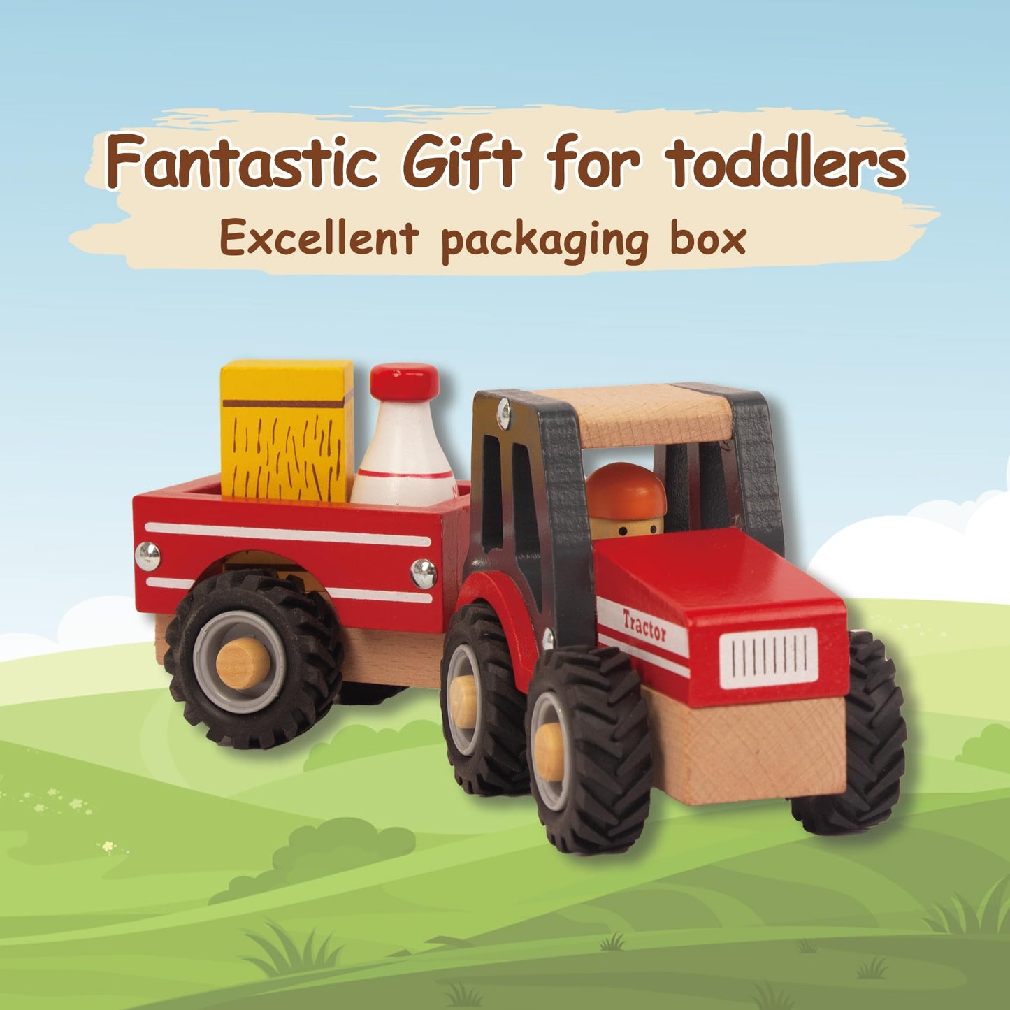 WoodenEdu Wooden Tractor Toy - Red Hand Push Car for Toddlers 1-3 Years, Baby Vehicle for Boys & Girls, Fun Educational Play.