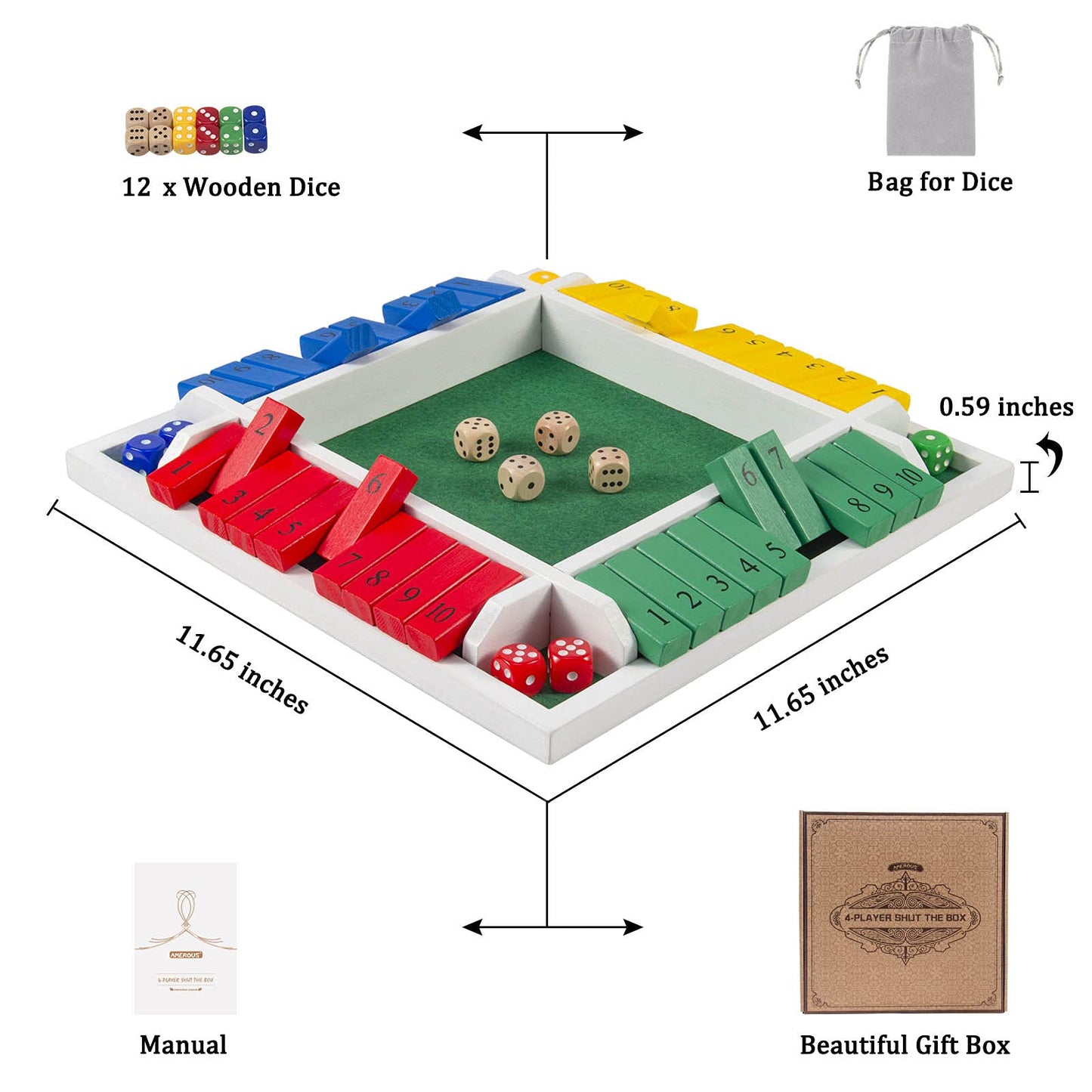 Amerous Shut The Box Dice Game-12 Inches-Colorful Design-1-4 Players-12 Dice-Gift Package, Classic 4 Sided Wooden Board Game For Adults Kids, Classics Board Game