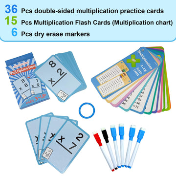 Limque 1-12 Math Flash Cards With 6 Dry Erase Pens, 15Pcs Big Multiplication Flash Cards + 36 Pcs Random Double-Sided Multiplica