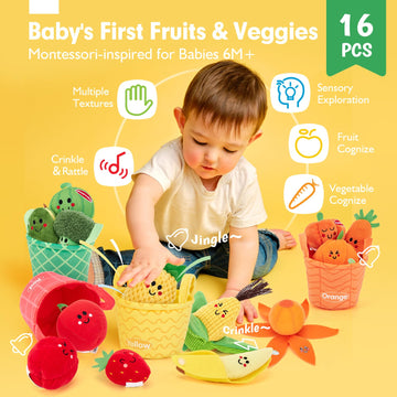 hahaland Baby Sensory Toys - 16 PCS My First Fruit Vegetable Color Sorting Play Food with Crinkle Rattle Sound, Montessori Toys