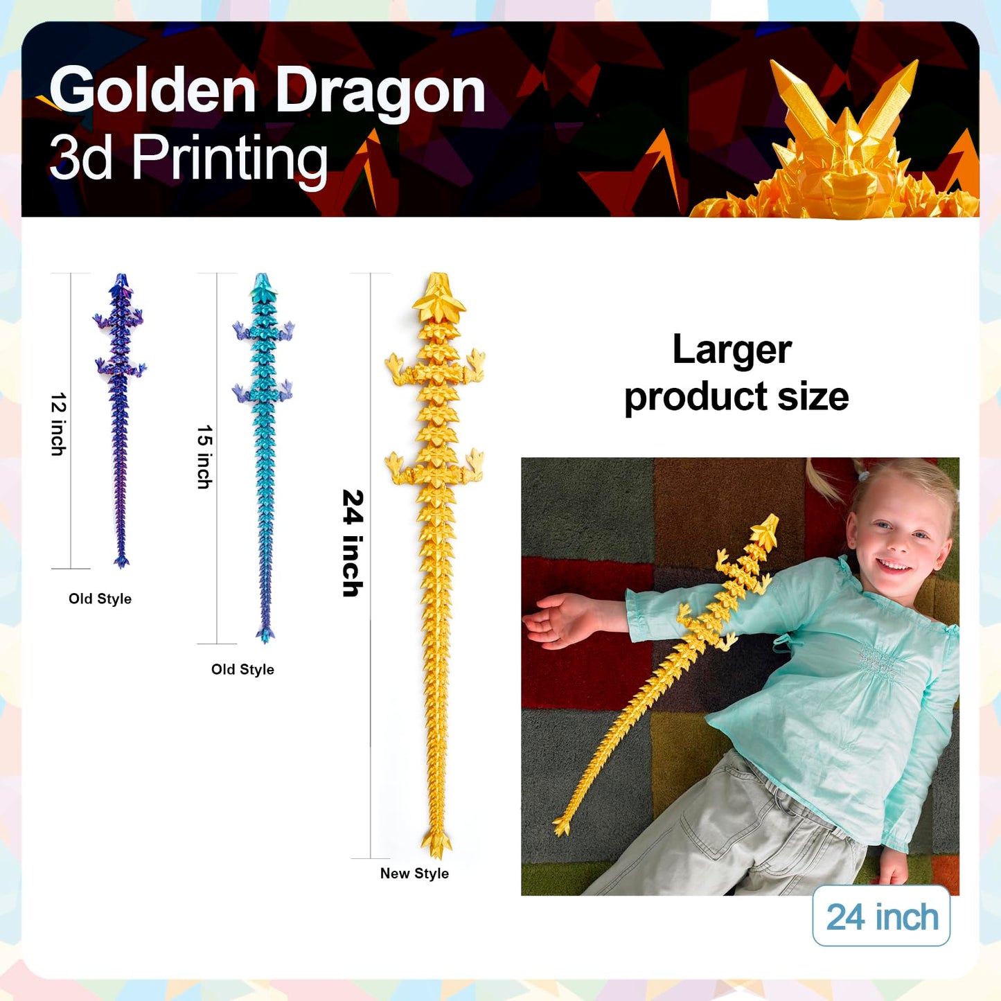 Meet Gladness 24 In 3D Printed Dragon, 24Inch Dragon,3D Dragon Toy,Large Dragon Present,Ariculated Crystal Dragon(Gold)