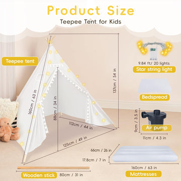 4 Teepee Tent For Kids, Sleepovers Tent For Kids, Inflatable Airbed With Mattresses,Star Lights, Fitted Sheet,Charging Pump, Bir