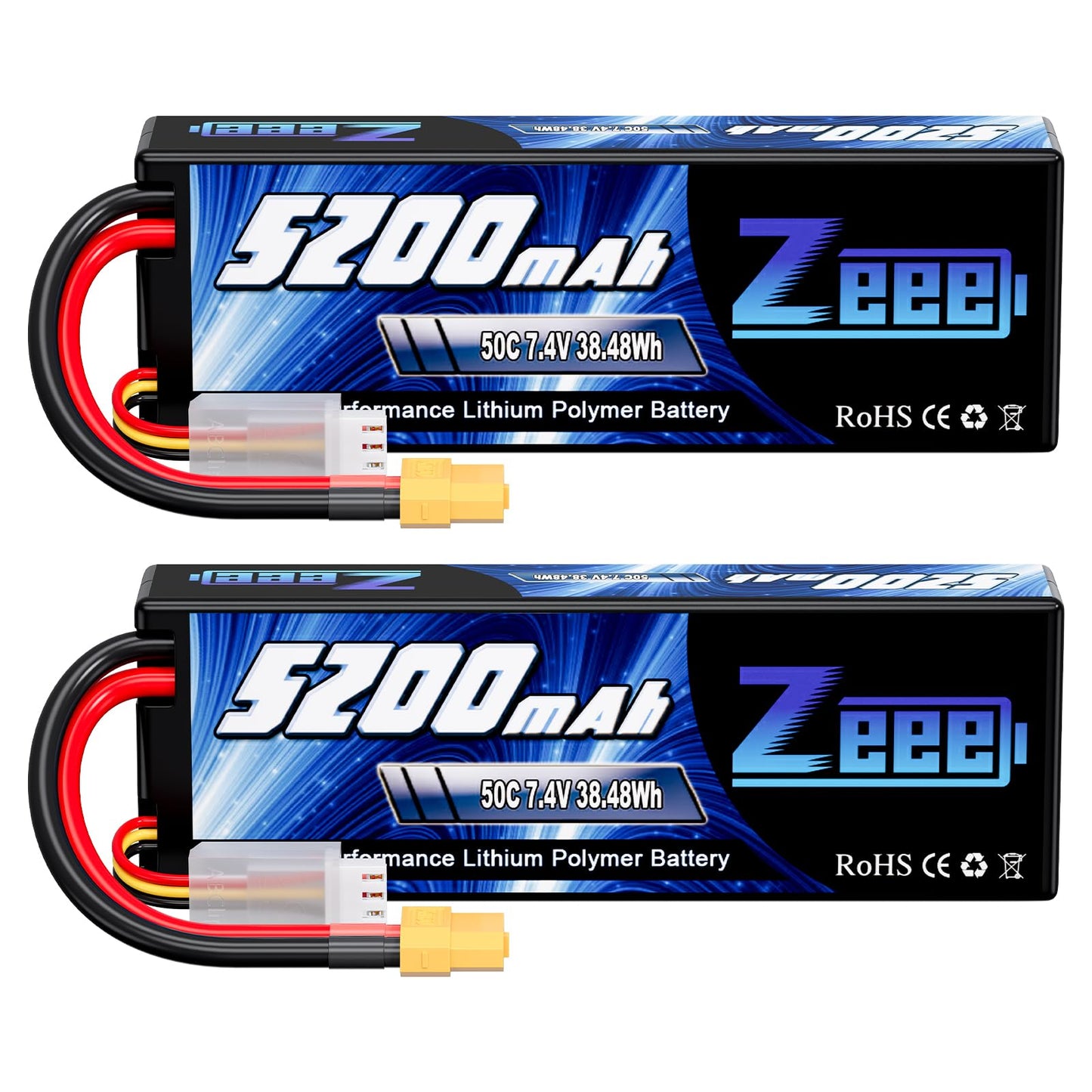 Zeee 2S Lipo Battery 7.4V 5200mAh 50C Battery with XT60 Plug Hard Case for 1/8 1/10 RC Vehicles Car Slash RC Buggy Truggy RC Air