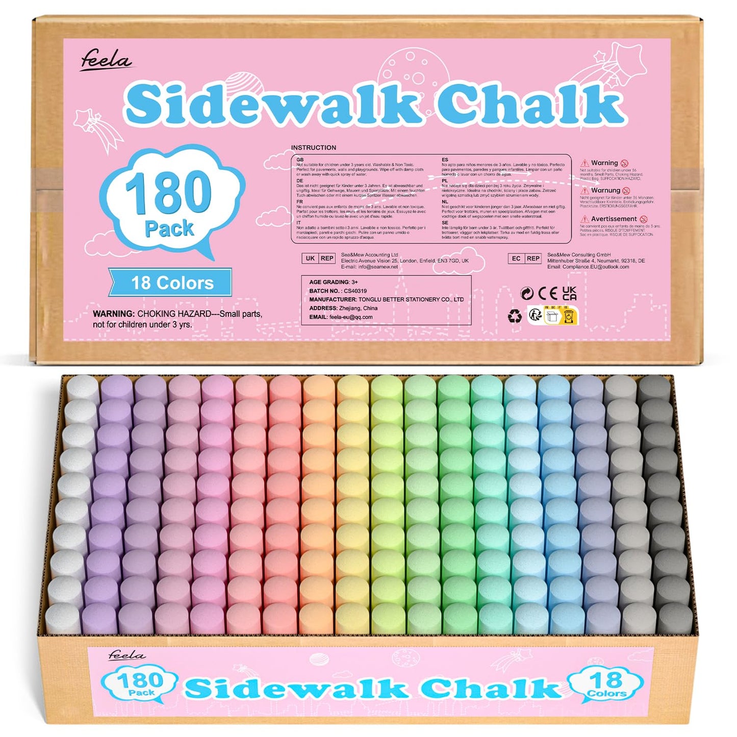 feela 180 Pack Sidewalk Chalk, Sidewalk Chalk Set For Kids Jumbo Chalk Bulk, Great for Kids Family, Paint on Sidewalk Wall Schoo