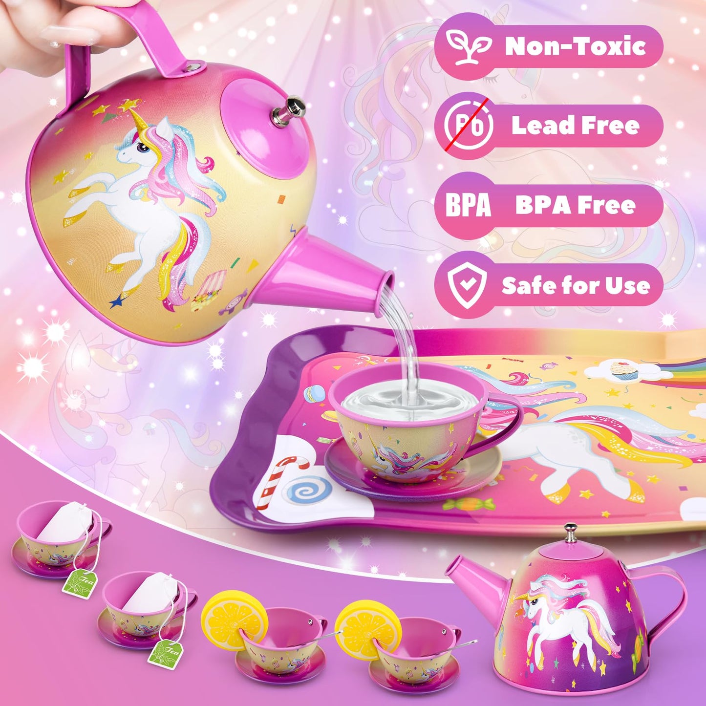 Auney 45PCS Tea Party Set Toys for Girls, Tin Unicorn Tea Set Pretend Play Toy Gifts for Little Girls Age 3-6, Kids Girls Toys G