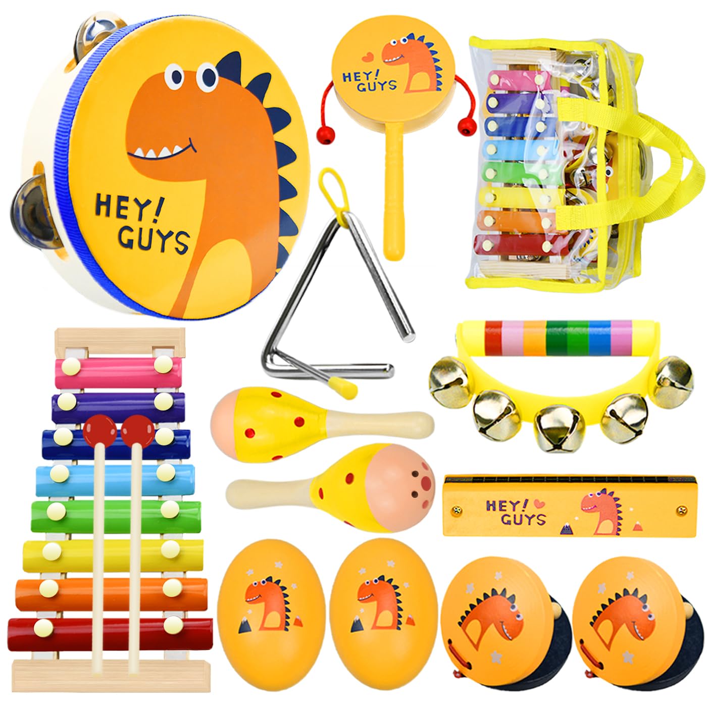 Toddlers Musical Instruments For Baby 1-3,Wooden Music Toys Set | Percussion Drum,Xylophone,Maracas Shakers,Tambourine | 14 Pcs