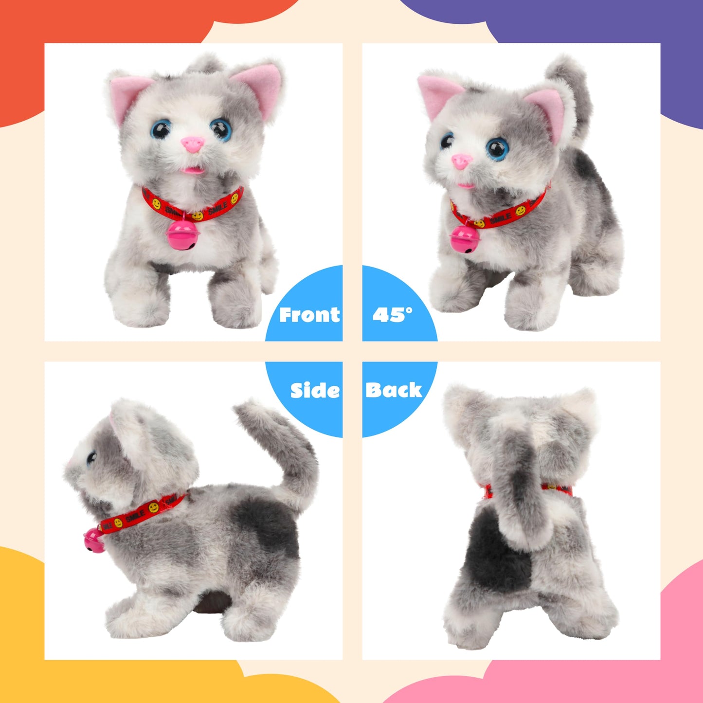 Cuteoy Walking Grey Cat Stuffed Animal Talking Wagging Nodding Educational Plush Kitty Toy Electric Interactive Animated Plushie