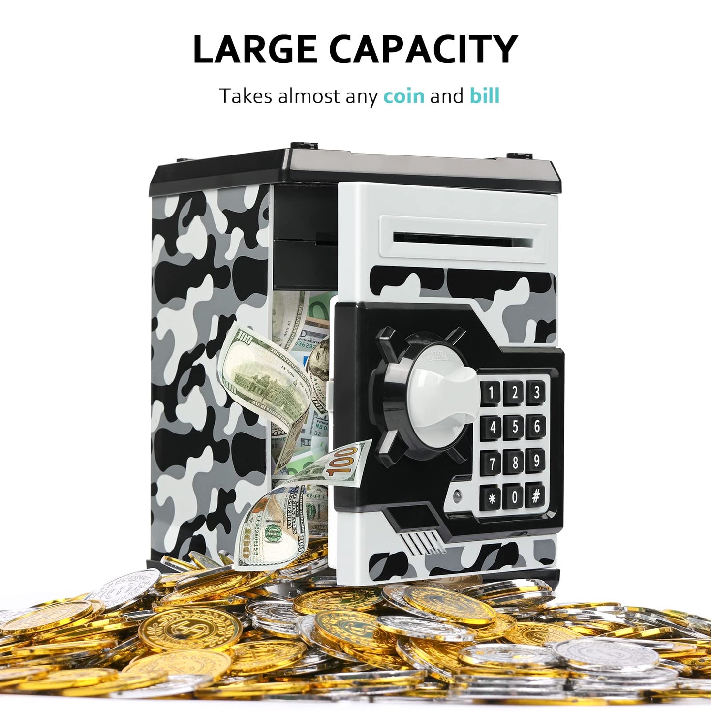 Atm Piggy Bank For Boys Girls, Vcertcpl Mini Atm Coin Bank Money Saving Box With Password, Kids Safe Money Jar For Adults With Auto Grab Bill Slot, Great Gift Toy Bank For Kids(Camouflage Gray)