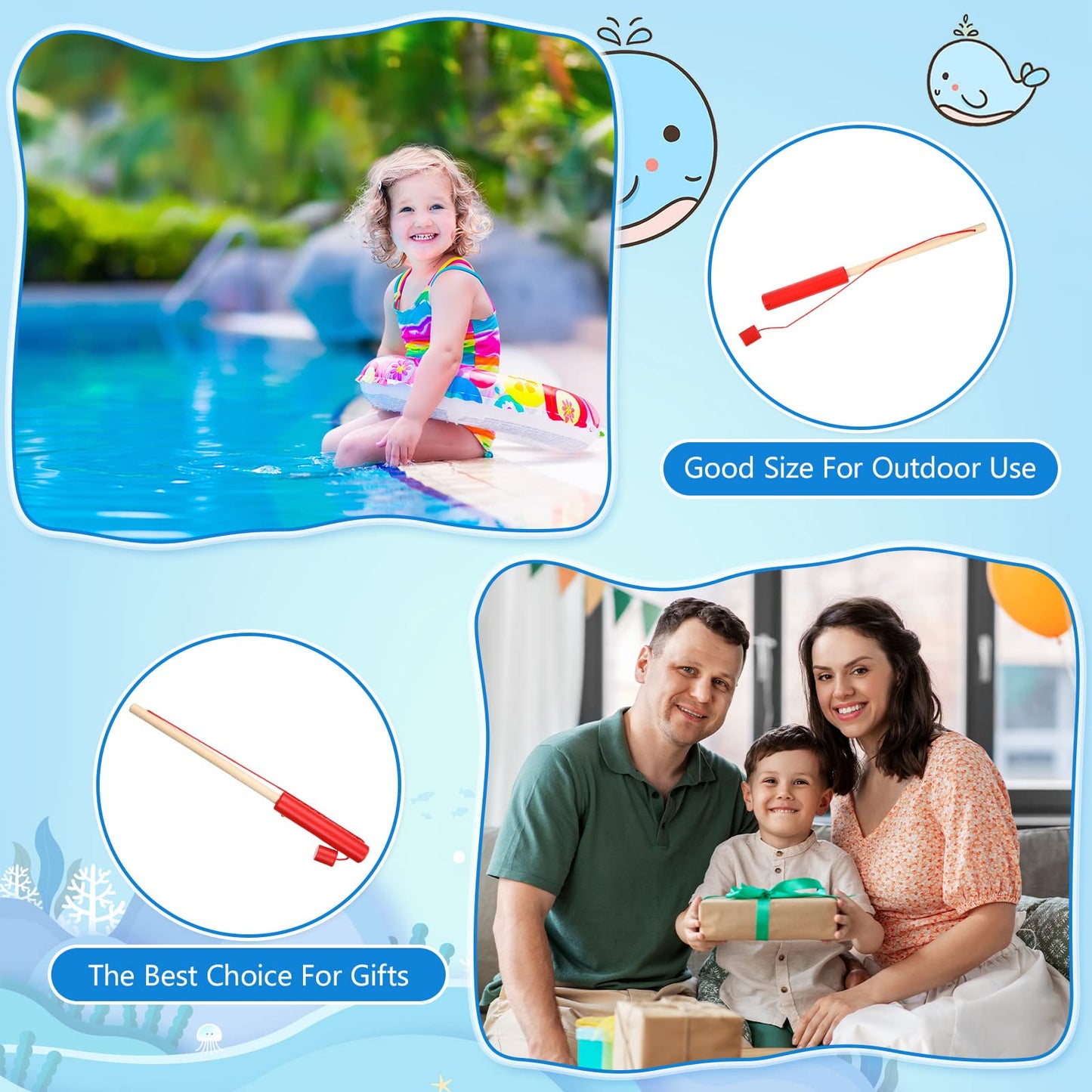 Sumind 6 Pcs Magnetic Fishing Pole Wooden Magnetic Fishing Rods With Magnet Hooks Christmas Fishing Game Toy Gifts For Birthday Party(Red,Column)