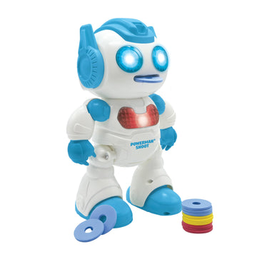 LEXiBOOK Powerman Shoot - My First tossing-disc Robot Programmable Remote Control Robot Plays Music and Dances Sound and Light Effects 12 Foam Discs ROB17 White/Blue