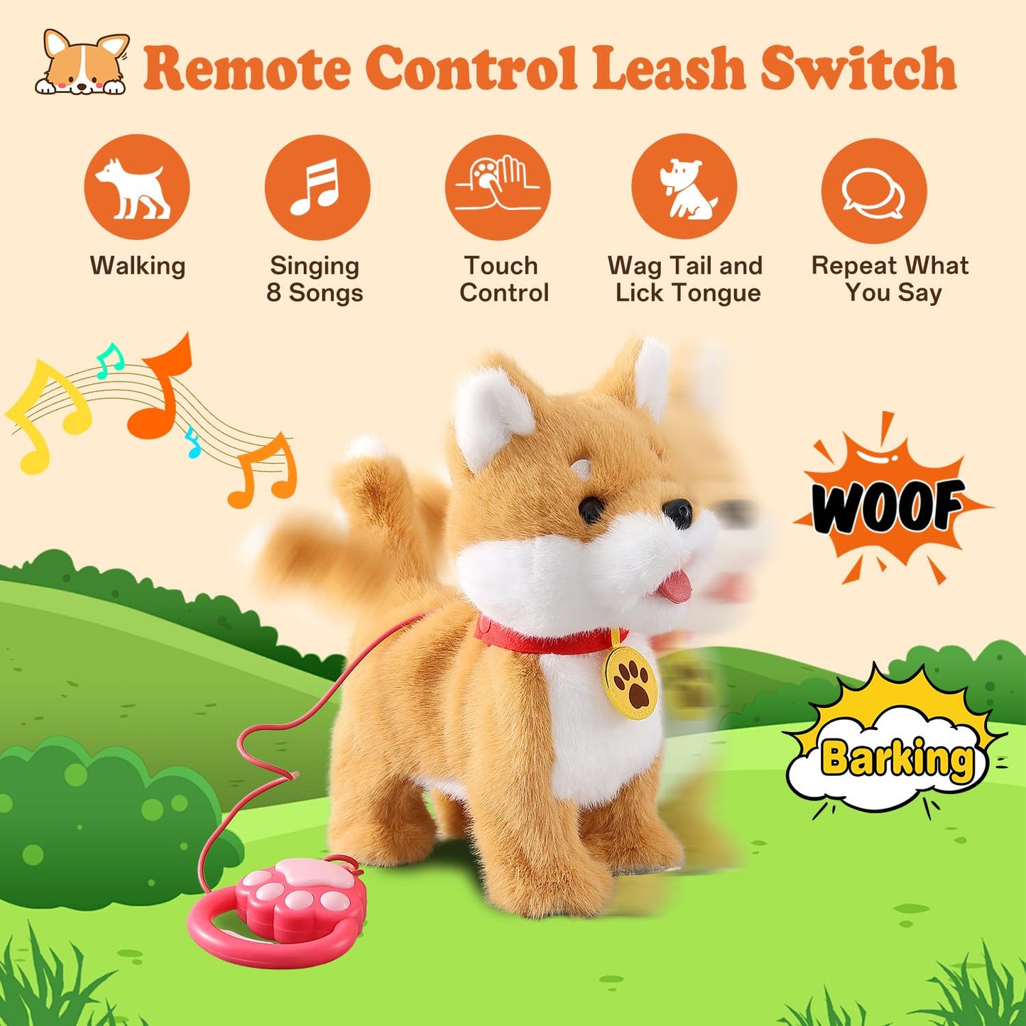 Hcdoujoy Walking Barking Singing Corgi Puppy Toy, Repeats What You Say, Realistic Licking Tongue Wagging Tail Mechanical Dog Wit