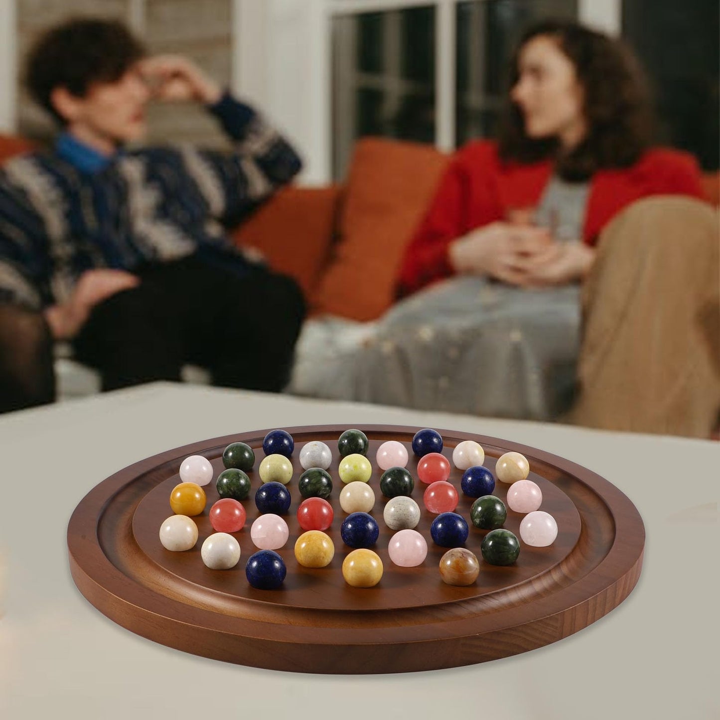 Medikaison 15.7 Inches Extra Large Solitaire Marble Game Set Wood With 36 Multicolors Natural Stone Marbles Pieces Adults Classi