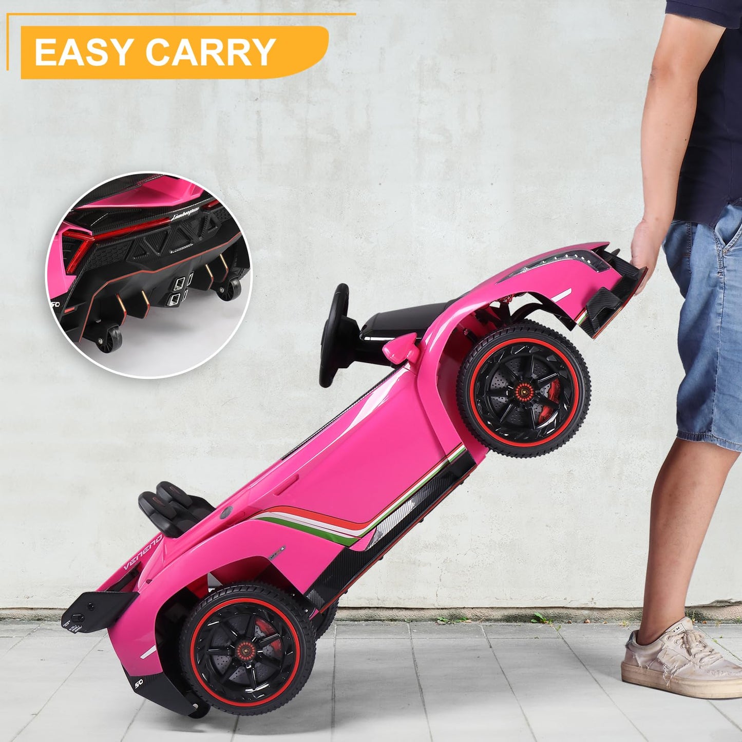 Winado 12V Electric Vehicle Lamborghini Veneno for Kids - Large Pink, Battery Powered, Hydraulic Doors, 3 Speeds, LED Headlights, Model LBJN-200
