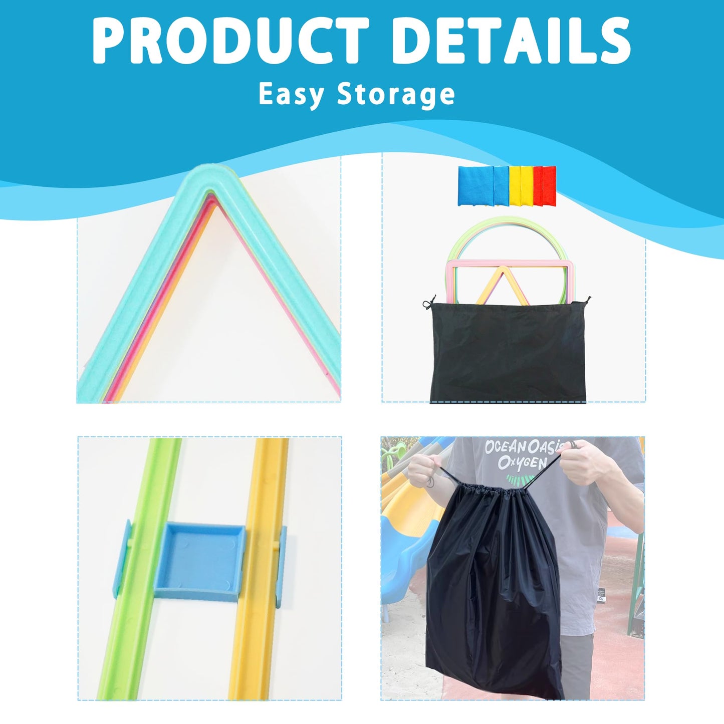 Oranmew 3 Sets Hopscotch Rings & Bean Bag Toss - 30 Pcs Indoor/Outdoor Agility Rings (Square, Triangle, Round) with 6 Beanbags -