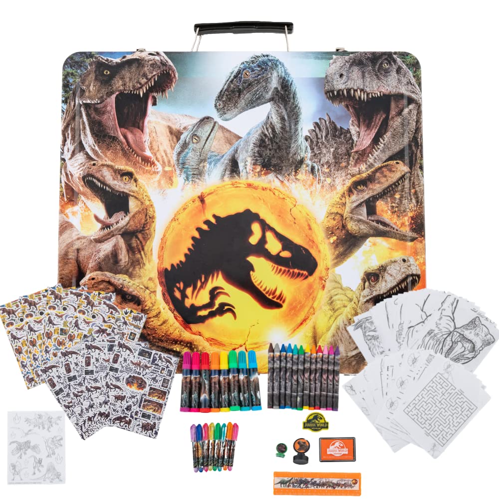 Innovative Designs Jurassic World Deluxe Activity Set For Kids With Carrying Tin, Coloring Sheets, Stickers, & Art Supplies, 500+ Pieces