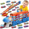 TERRAMUS Dinosaur Transport Truck Car Toy for Kids - 3 in 1 Ejection Folding Track Toys w/Sound, Portable Truck with 8 Race Cars