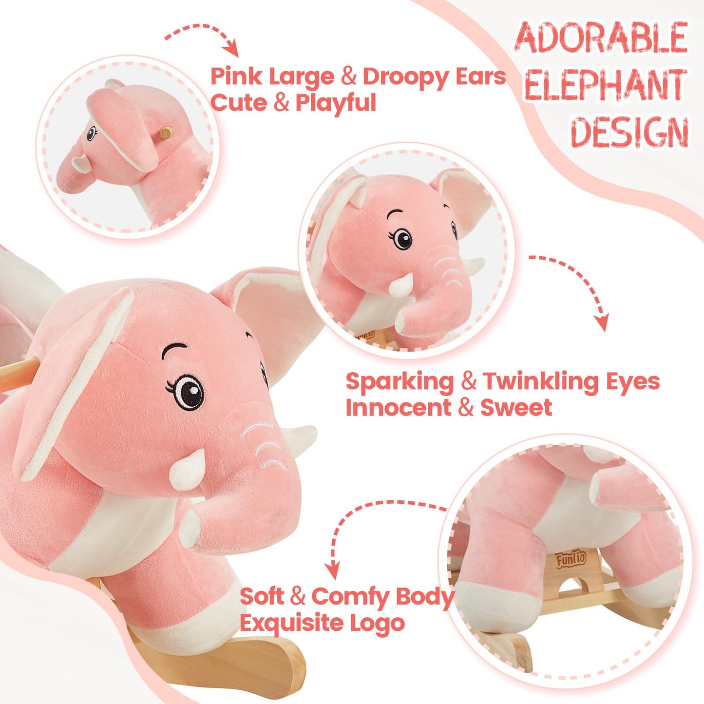 Funlio Elephant Baby Rocking Horse For Toddlers 6 Months To 3 Years, Cute & Graceful Pink Elephant Rocker For Baby Girl, Stuffed Plush Ride-On Rocking Animal, Easy To Assemble, Cpc & Ce Certified
