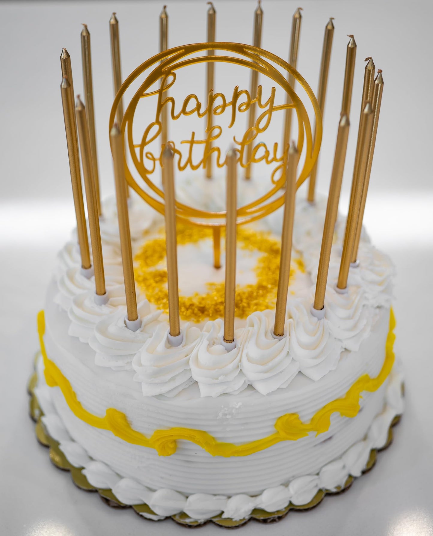24 Count Tall Thin Metallic Gold Slow Burning Birthday Candles in Holders, and Matching Classy Cake Topper for Special Custom Bi