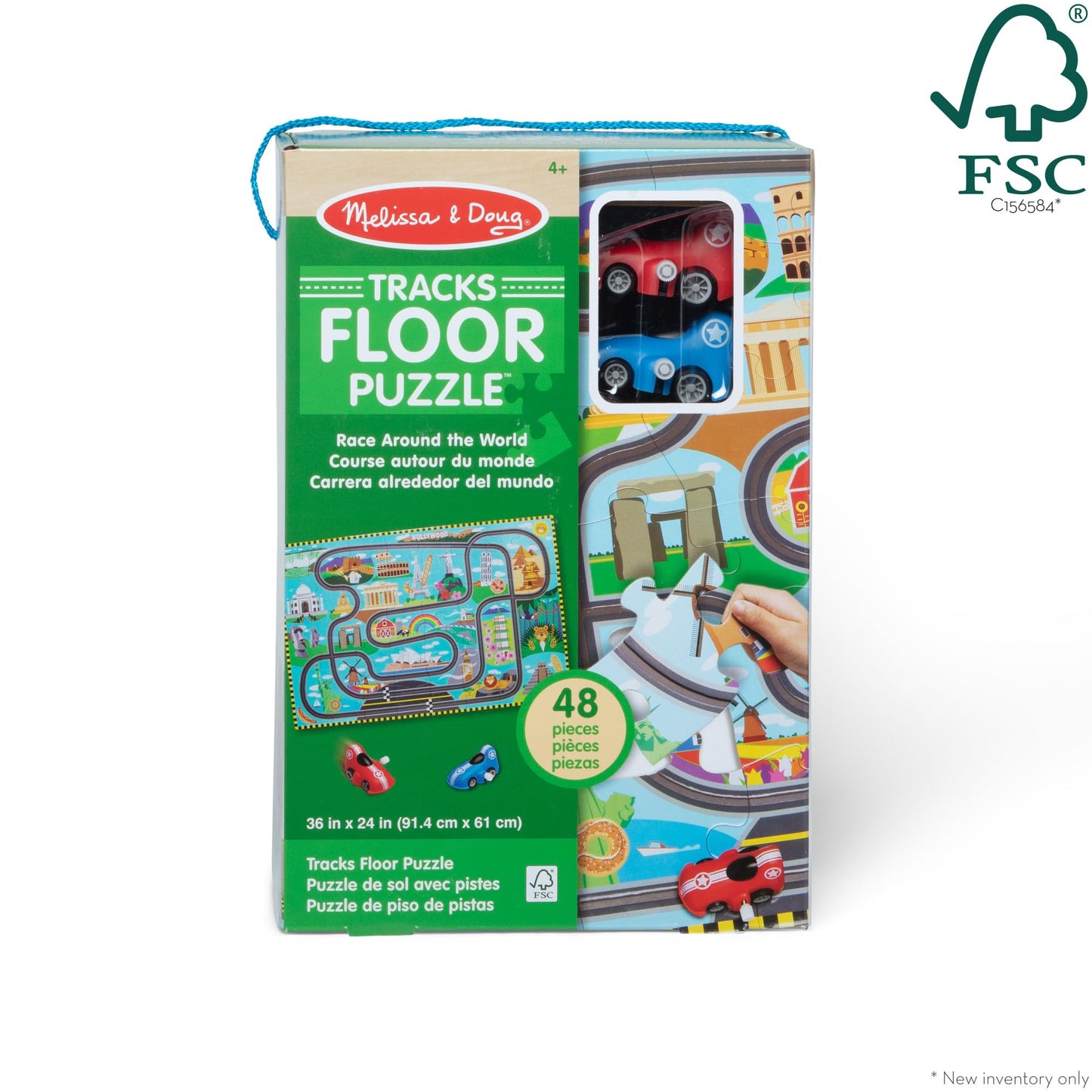Melissa & Doug Race Around The World Tracks Cardboard Jigsaw Floor Puzzle And Wind-Up Vehicles – 48 Pieces, For Boys And Girls 4+ - Fsc Certified