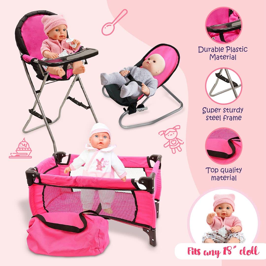 Pink Baby Doll Accessories Set - 3 In 1 Baby Doll Furniture Set With Baby Doll High Chair, Baby Doll Crib, Baby Doll Bouncer Seat, Baby Doll Bed Set For 18” Doll - Play Baby Doll Toys For 18' Dolls