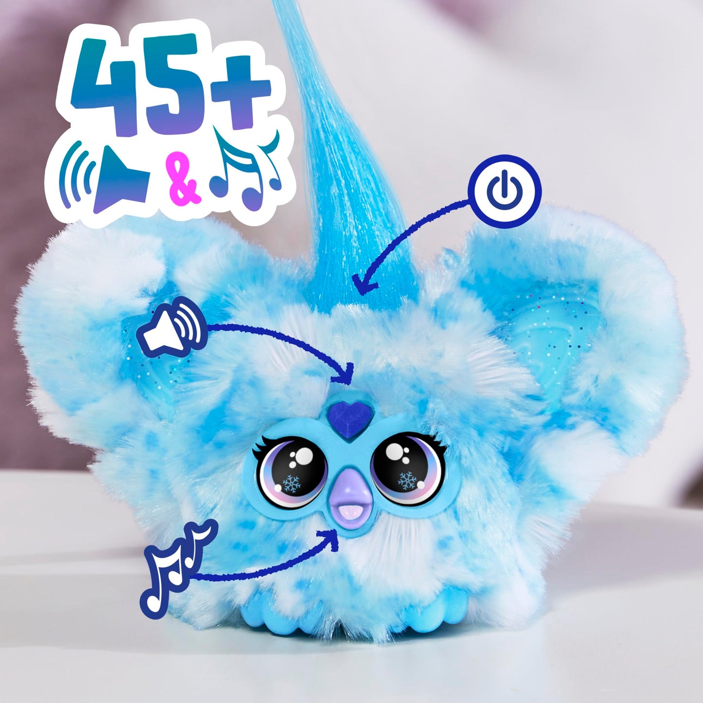 Furby Furblets Sno-Way Holiday Edition Mini Friend, 45+ Sounds, Holiday Music, Speaks Only Furbish, Electronic Plush Toys For Girls & Boys, Interactive Pets, Blue & White, 6+