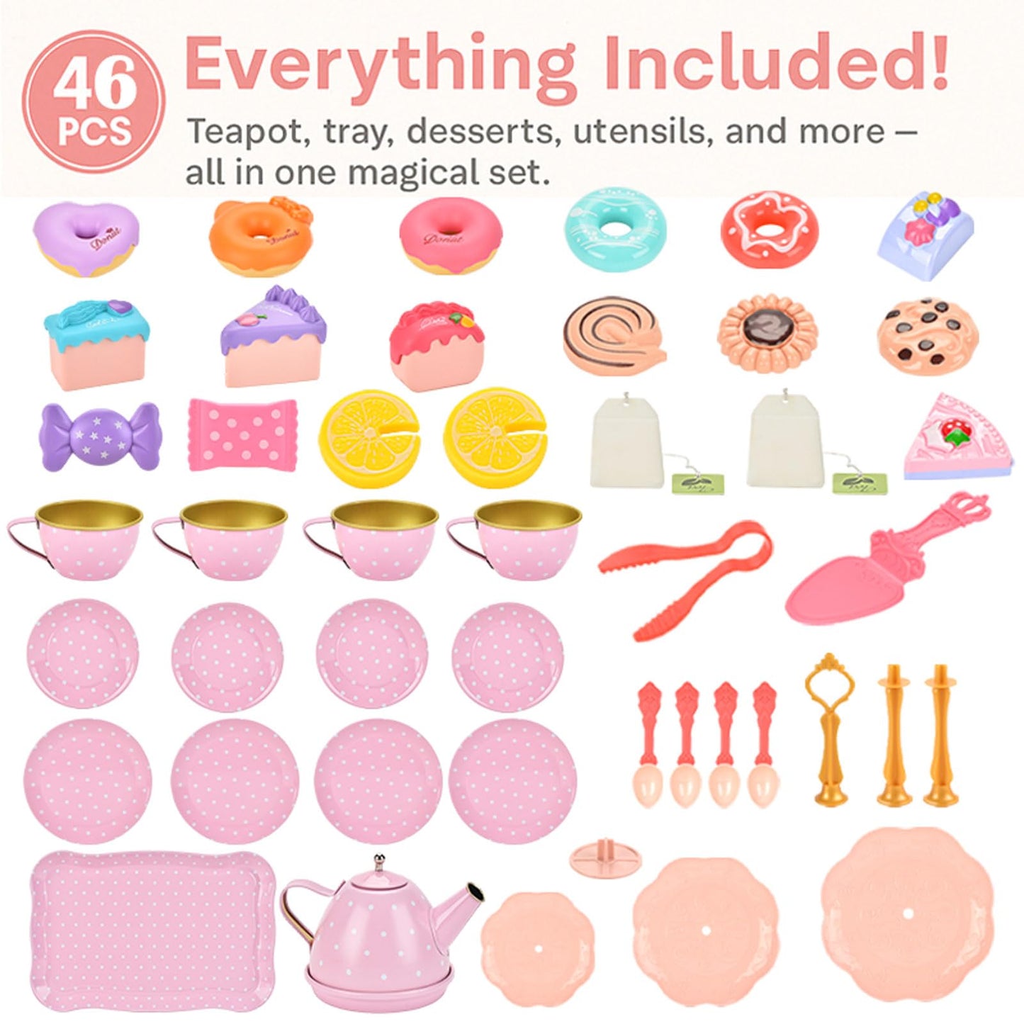 Lajeje Tea Party Set For Girls - Princess Toddler Birthday Gift, Bunny Tea Time Toys With Teapot, Desserts, Cups, Plates & Carry