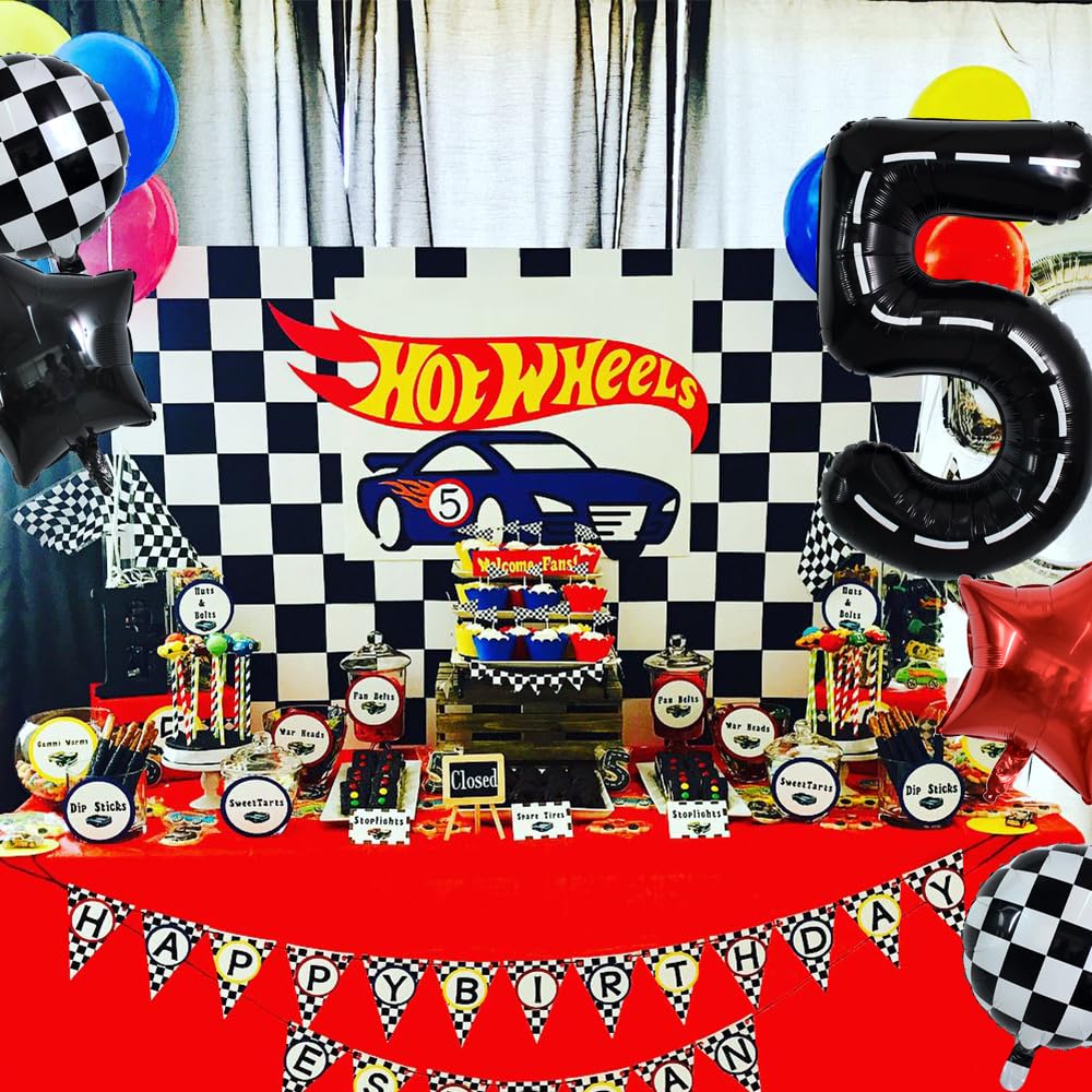 Toniful 40 Inch Race Car 5Th Birthday Balloons Racetrack Number 5 Black Balloons Wheel Tire Balloons Black White Checkered Ballo