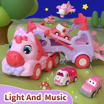 usrela Toys for 1 2 3 Year Old Girl Truck, 7-in-1 Girl Carrier Truck Car with Light & Sound, Toddler Girl Car Toys Age 1-3 2-4,