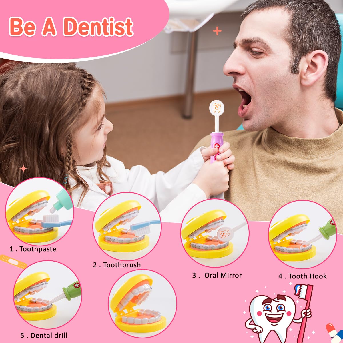 Meland Doctor Kit for Toddlers 3-5, Dentist Play Set with Teeth for Kids Pretend Play Girl Toys Birthday Gift for Toddler Girls