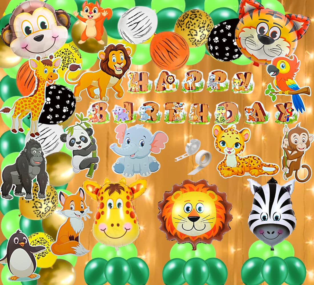 FI FLICK IN 82 pcs Jungle Theme Party Decoration Foil Balloons Cutouts Cake Topper Props Jungle Theme Birthday Decoration Anim