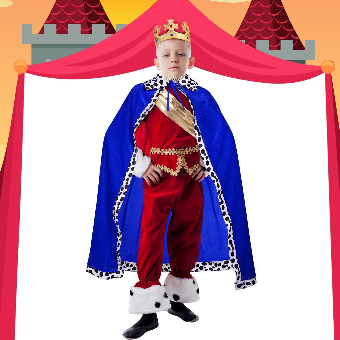 Shinymoon 3 Pcs Halloween Prince Costume For Kids King Crown Robe And Scepter Prince Costume For Boys King Cosplay(Blue)