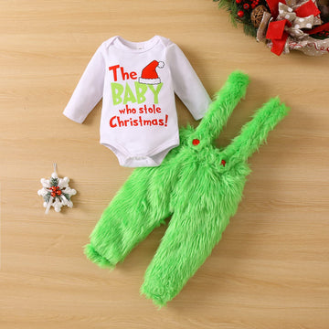 Visgogo Infant Baby Christmas Jumpsuit Set Letter Print Long Sleeve Romper Green Suspender Costume Pants (Green, 6-12 Months)