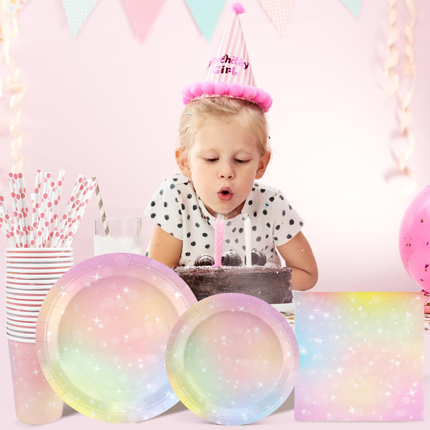 Pastel Birthday Party Supplies Decorations, Rainbow Theme Birthday Paper Plates And Napkins Set With Cups And Straws For 24 Gues