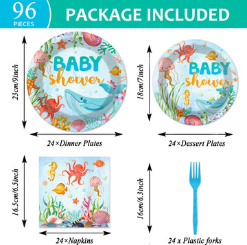 Gisgfim 96Pcs Under The Sea Baby Shower Party Supplies Paper Plates Napkins Ocean Theme Party Tableware Set Ocean Animal Underwa
