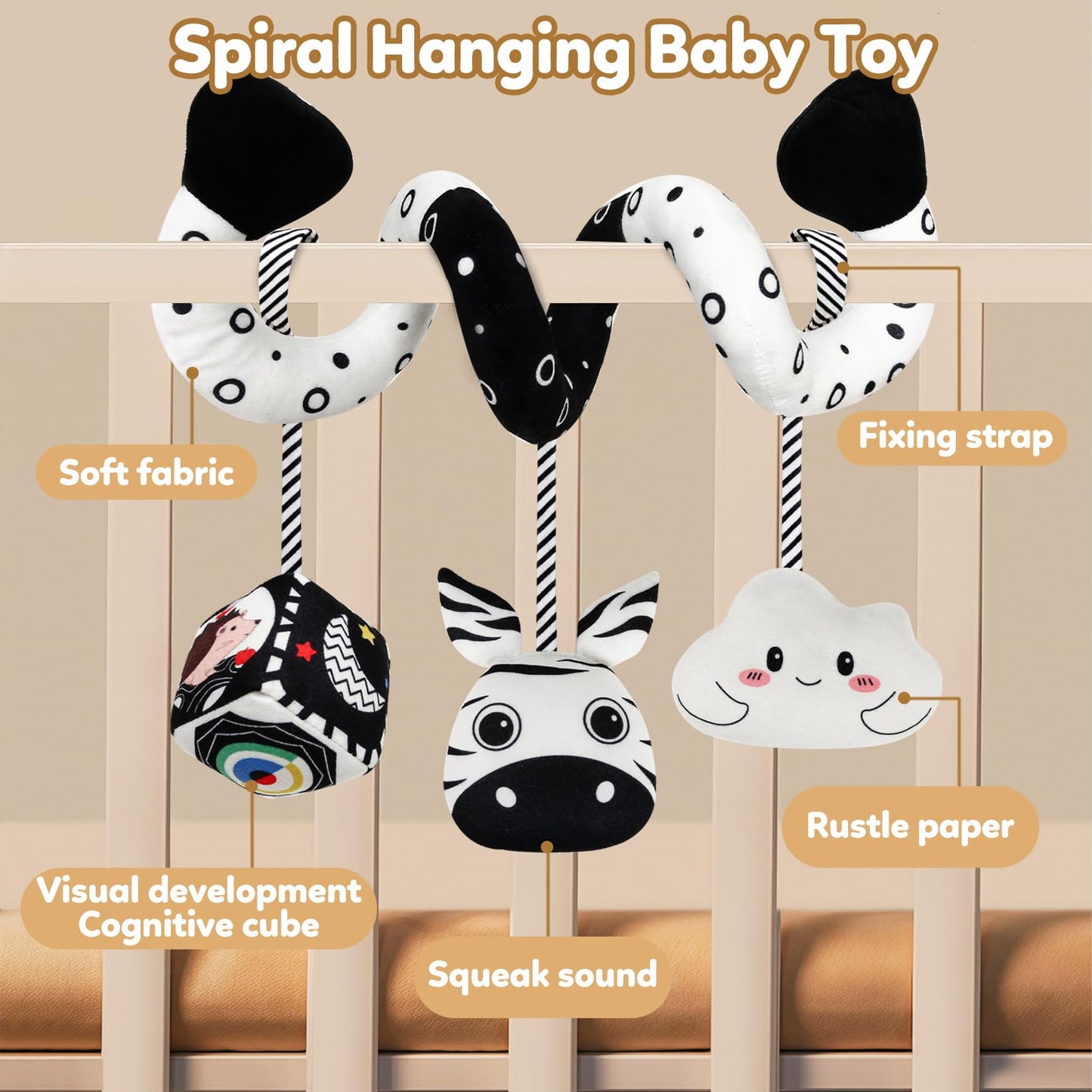 Gkdoms Baby Spiral Hanging Stroller And Car Seat Toys Black And White High Contrast Sensory Toy Newborn Plush Activity Toys Party Favors Gifts For Baby Shower Easter Basket Stuffers -Zebra