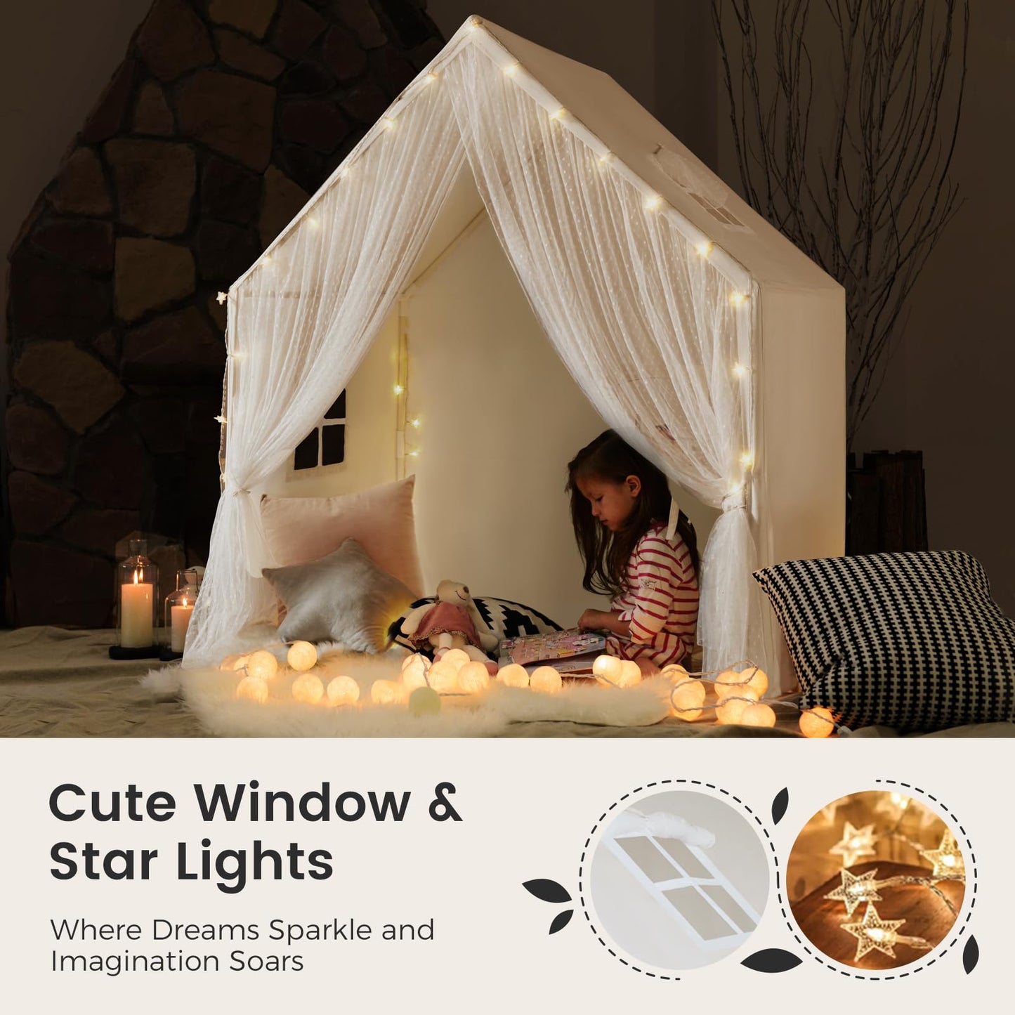 Tiny Land Large Kids Tent with Star Lights - Indoor Playhouse for Girls & Boys, Perfect for Reading Nook & Sleepovers, 53 x 36