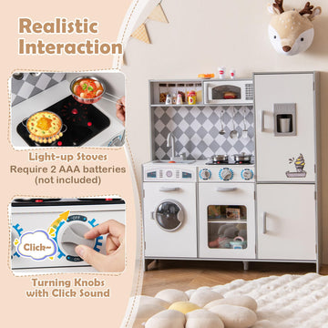 HONEY JOY Kids Kitchen Playset, Wooden Little Chef Pretend Play Kitchen Set w/Ice Maker, Lighted Stove, Storage Cabinet, Realist