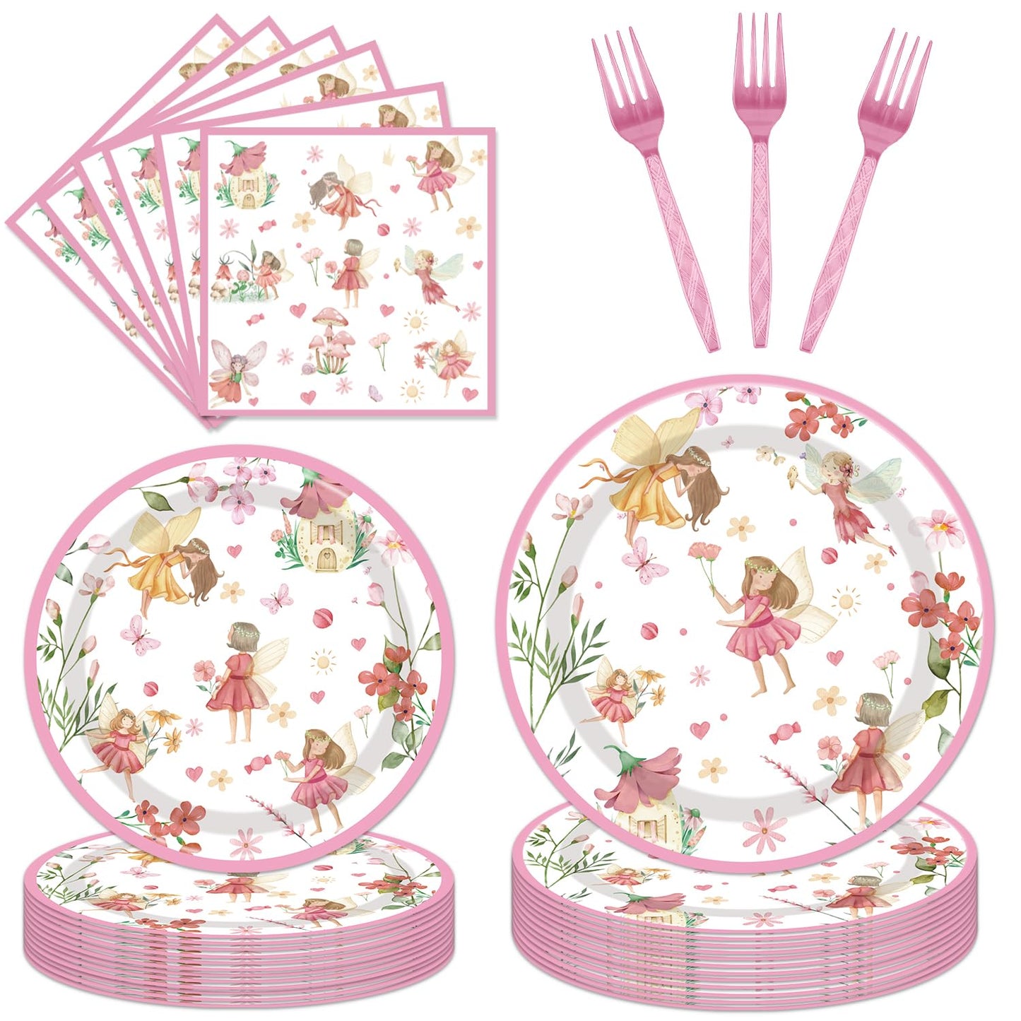 Fairy Birthday Party Supplies Tableware - 96Pcs Butterfly Flower Fairies Plates And Napkins Birthday Decorations, Enchanted Fore