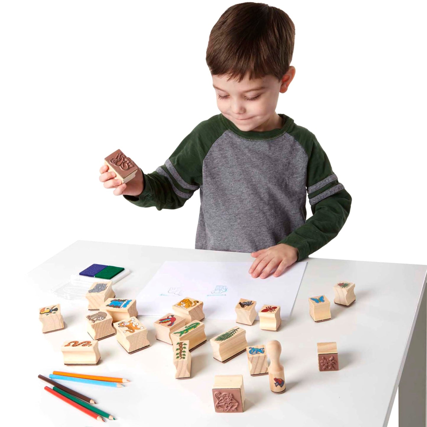 Melissa & Doug Stamp-A-Scene Stamp Set: Rain Forest - 20 Wooden Stamps, 5 Colored Pencils, And 2-Color Stamp Pad