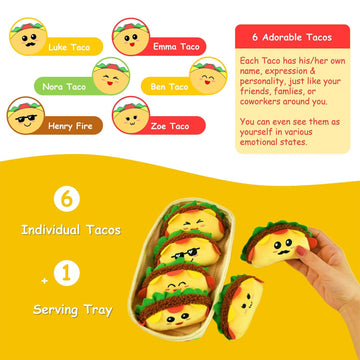 Inspirational Emotional Support Tacos Plush Toy, 6 Cute Stuffed Tacos in 1 Soft Serving Tray, Funny Stuffed Animal Gift for Wome